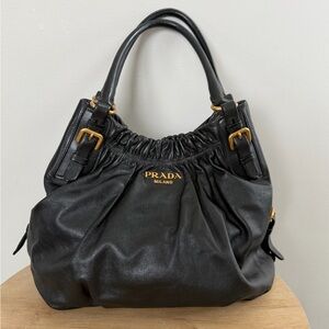 Prada Black Ruched Leather Shoulder Bag with Gold Hardware